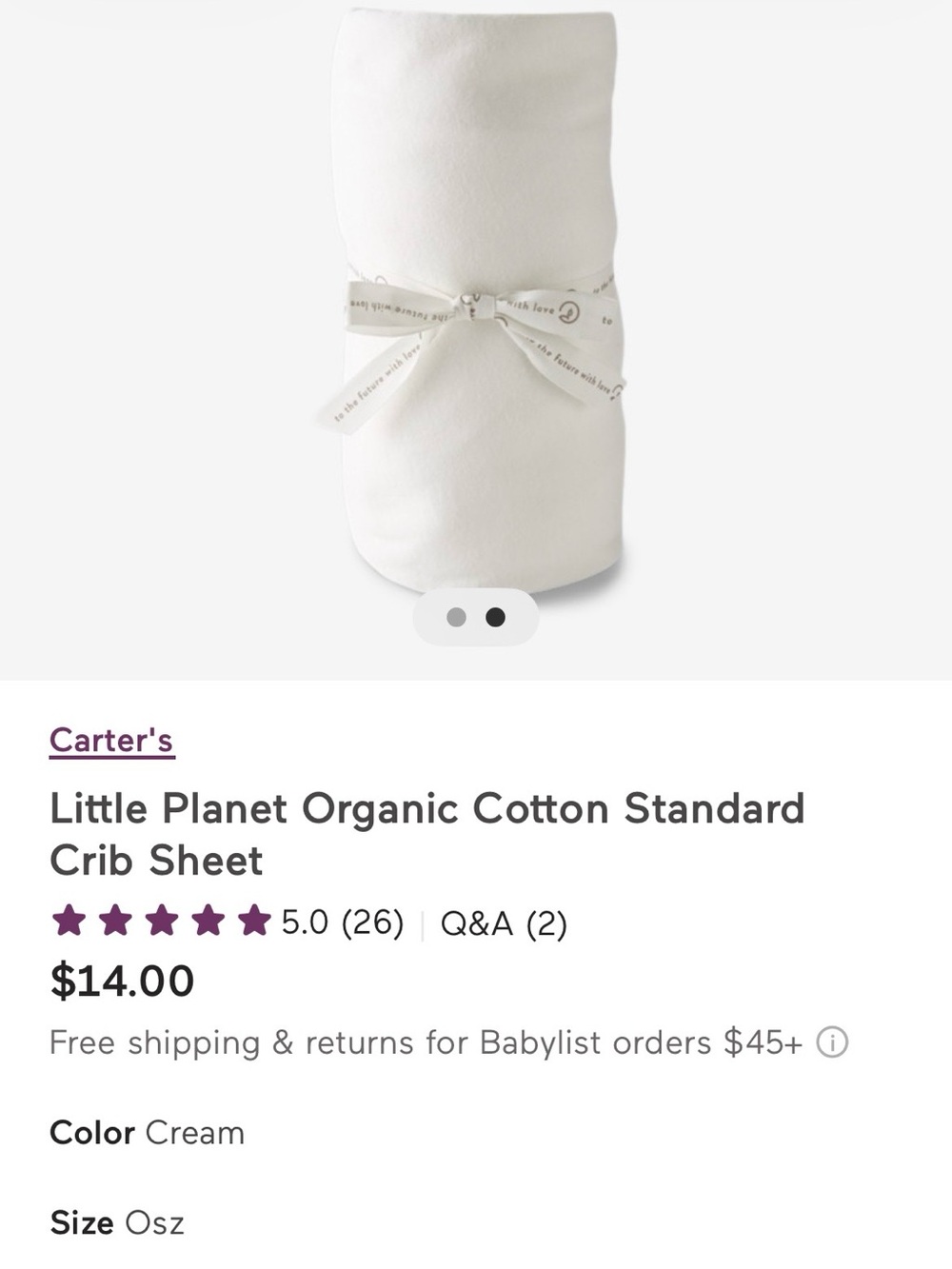Carter's Organic Cotton Crib Sheet in Cream